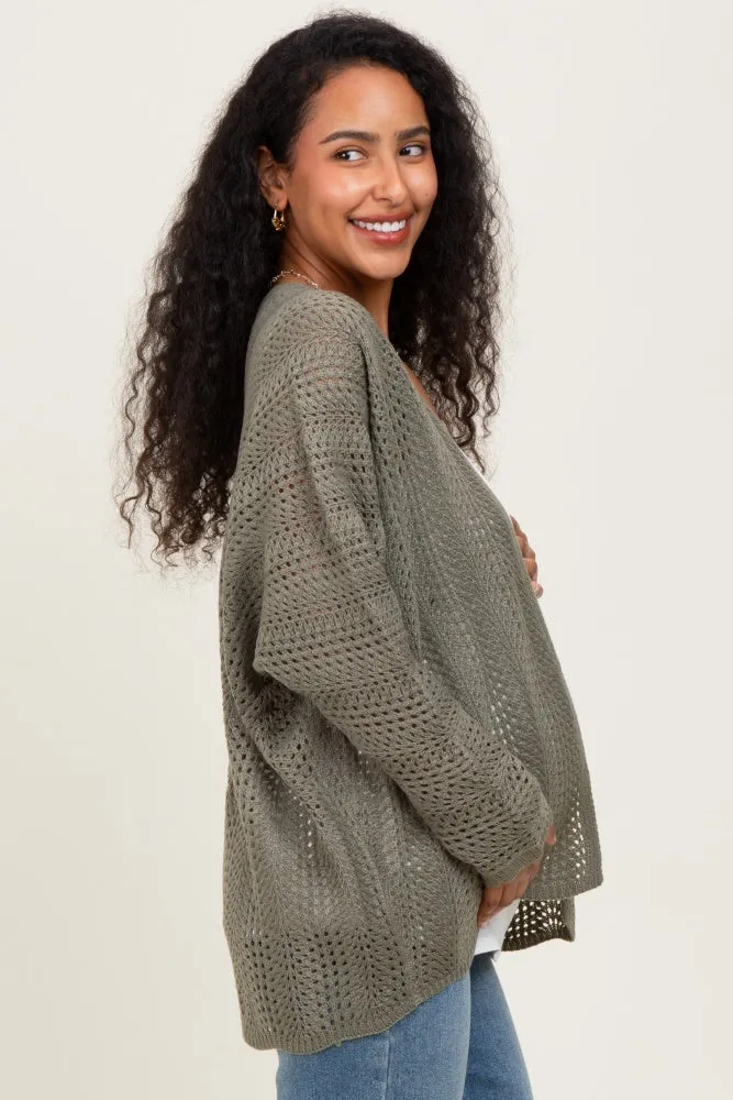 Olive Crochet Knit Scallop Detail Open Maternity Cardigan sold by Pinkblush product image thumbnail 3
