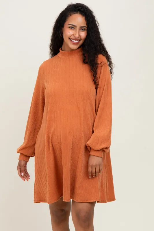 Camel Ribbed Mock Neck Bubble Sleeve Maternity Dress sold by Pinkblush