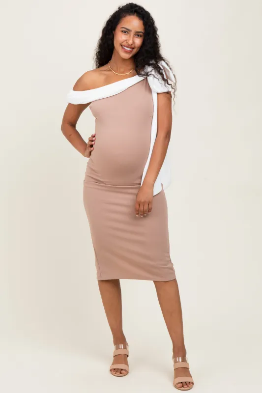 Beige Colorblock One Shoulder Draped Maternity Midi Dress sold by Pinkblush