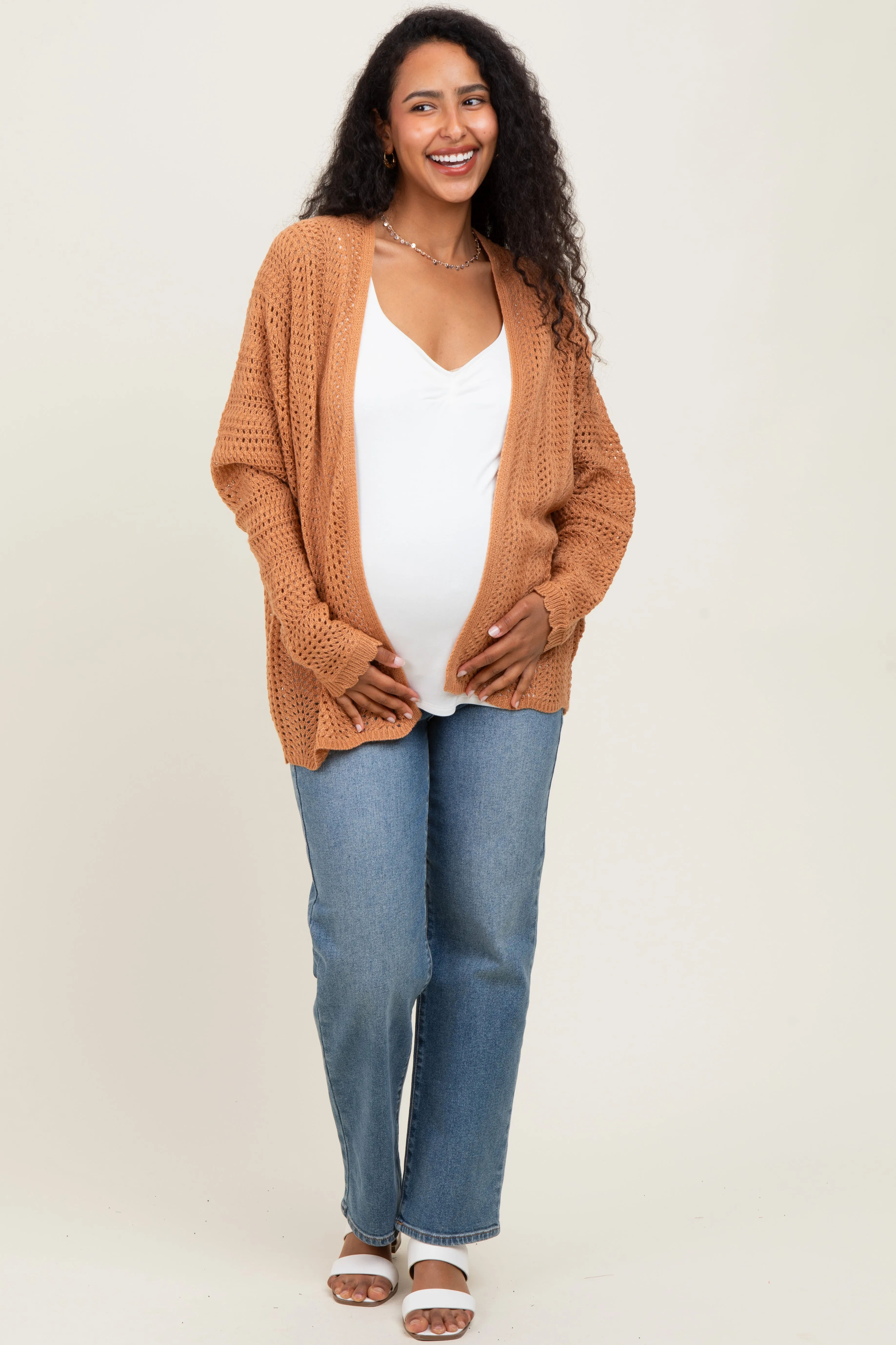Camel Crochet Knit Scallop Detail Open Maternity Cardigan sold by Pinkblush product image thumbnail 2