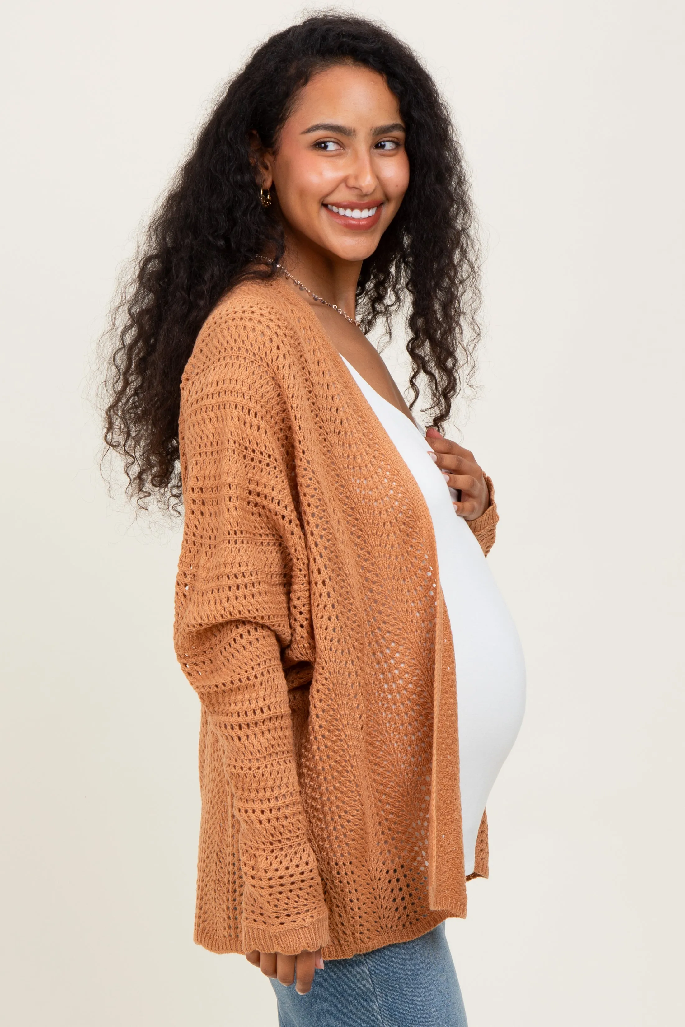 Camel Crochet Knit Scallop Detail Open Maternity Cardigan sold by Pinkblush product image thumbnail 3