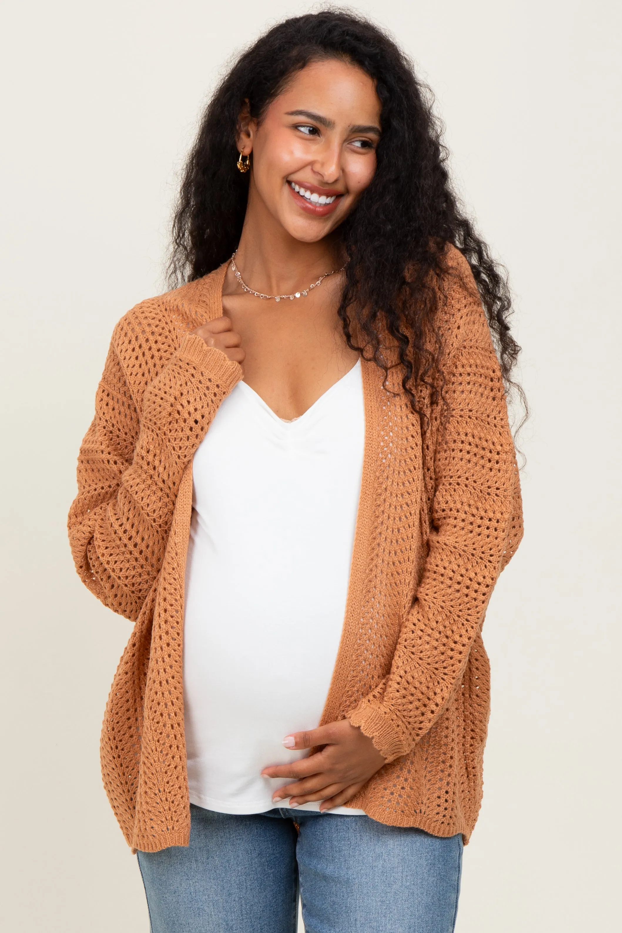 Camel Crochet Knit Scallop Detail Open Maternity Cardigan sold by Pinkblush