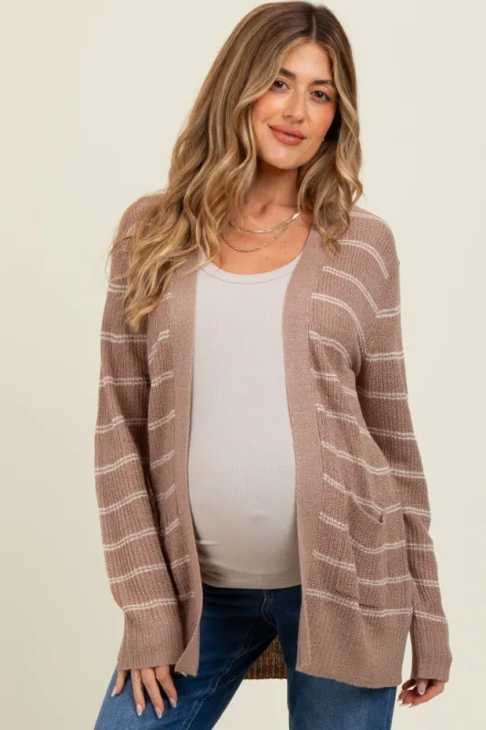 Mocha Fine Knit Striped Maternity Open Cardigan sold by Pinkblush