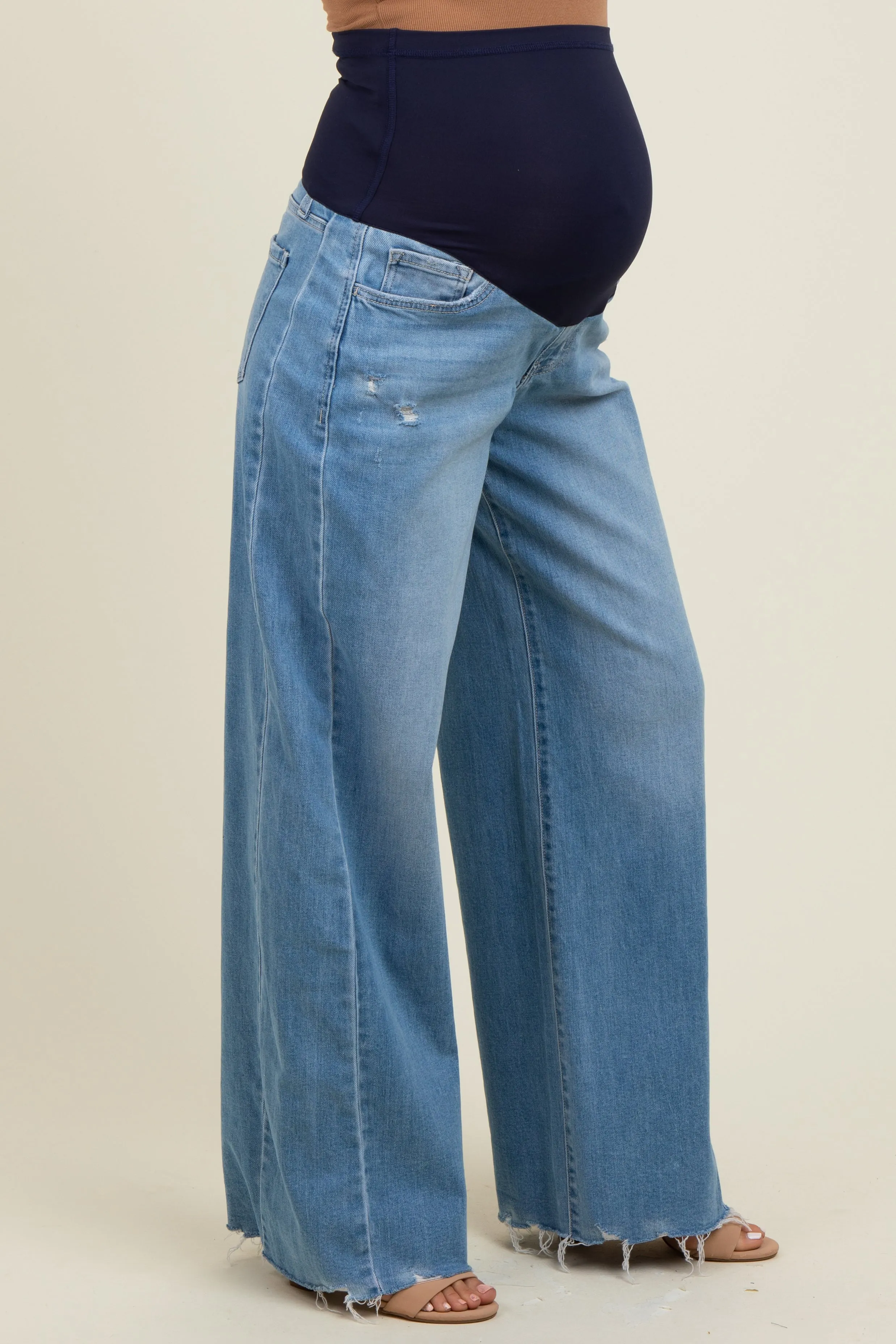 Blue Distressed Hem Super Wide Leg Maternity Jeans sold by Pinkblush product image thumbnail 4