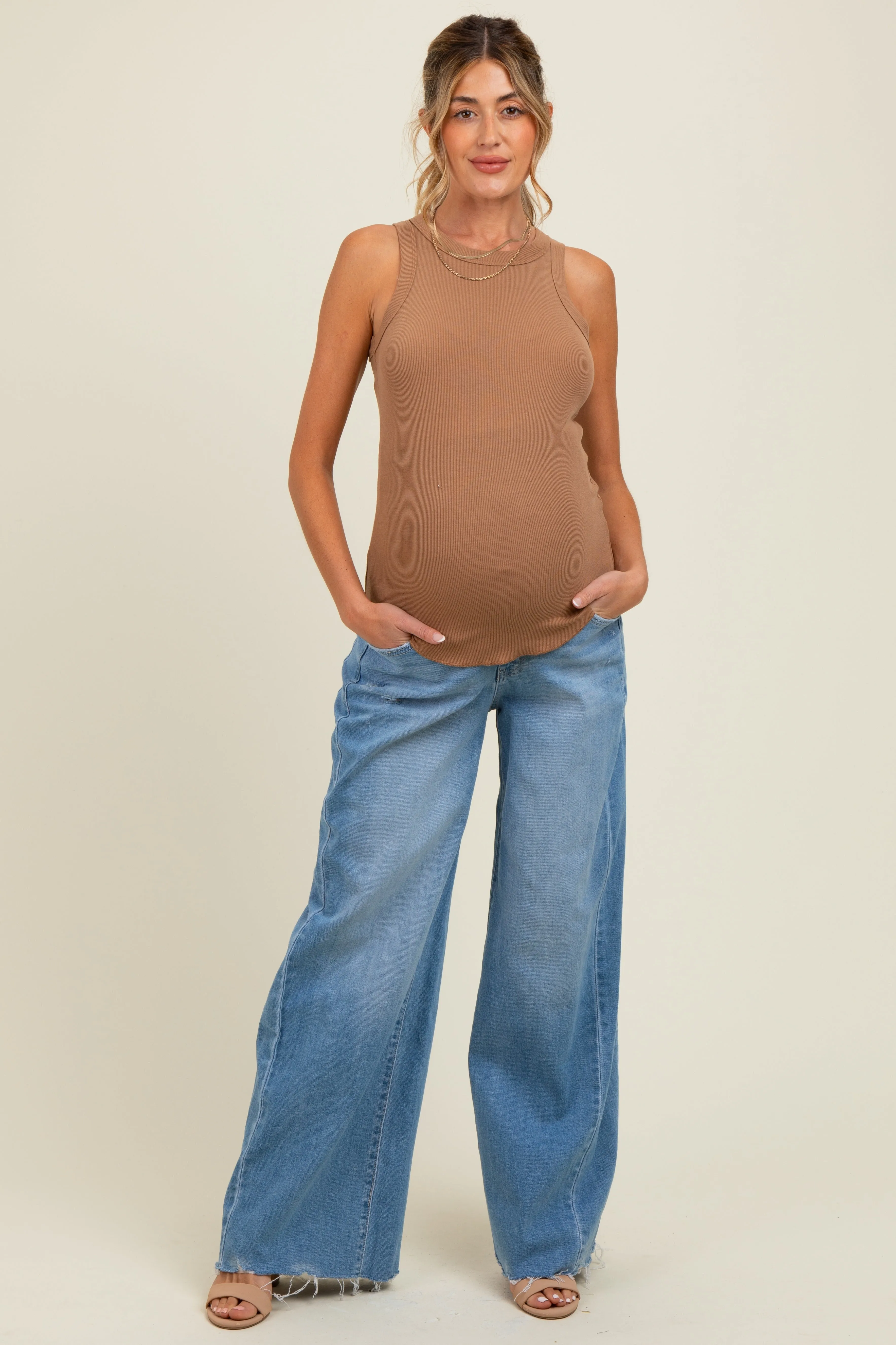 Blue Distressed Hem Super Wide Leg Maternity Jeans sold by Pinkblush