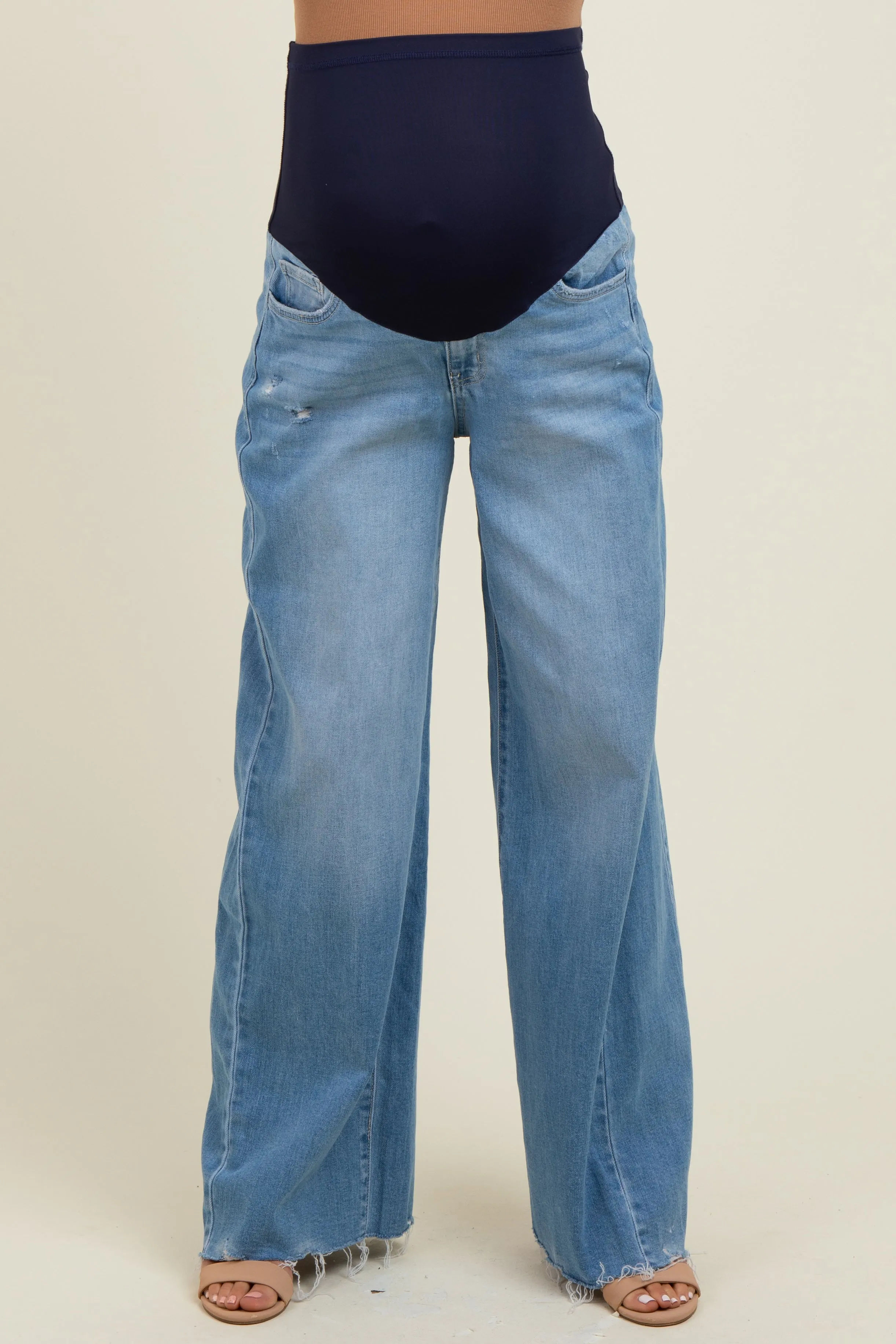 Blue Distressed Hem Super Wide Leg Maternity Jeans sold by Pinkblush product image thumbnail 3