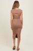 Mocha Ribbed Cap Sleeve Cutout Maternity Midi Dress sold by Pinkblush