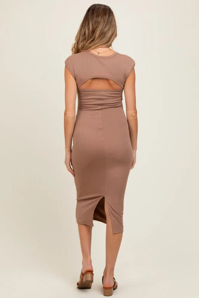 Mocha Ribbed Cap Sleeve Cutout Maternity Midi Dress sold by Pinkblush product image thumbnail 3