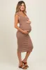 Mocha Ribbed Cap Sleeve Cutout Maternity Midi Dress sold by Pinkblush
