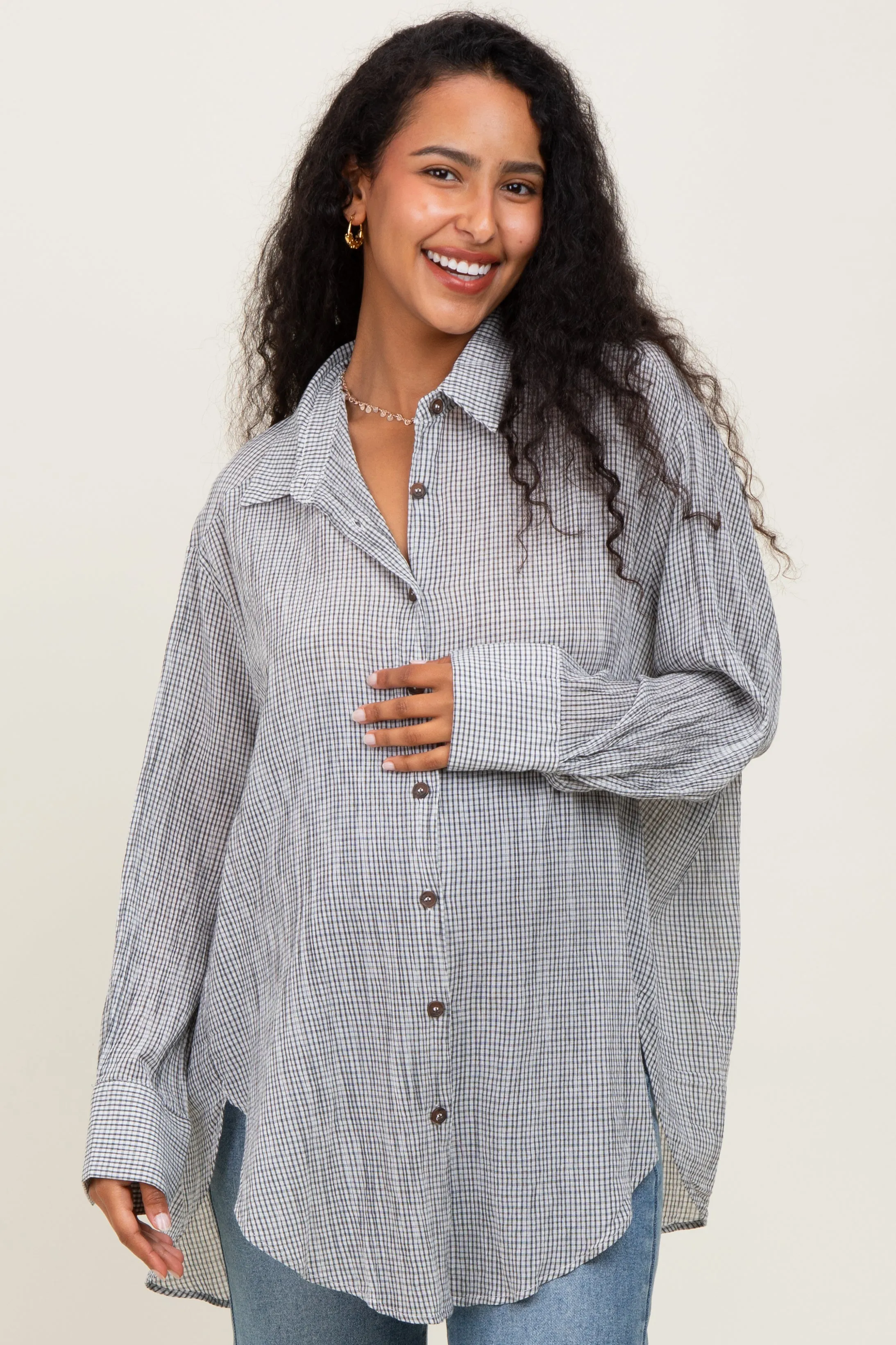 Black Checker Plaid Oversized Button Down Maternity Shirt sold by Pinkblush