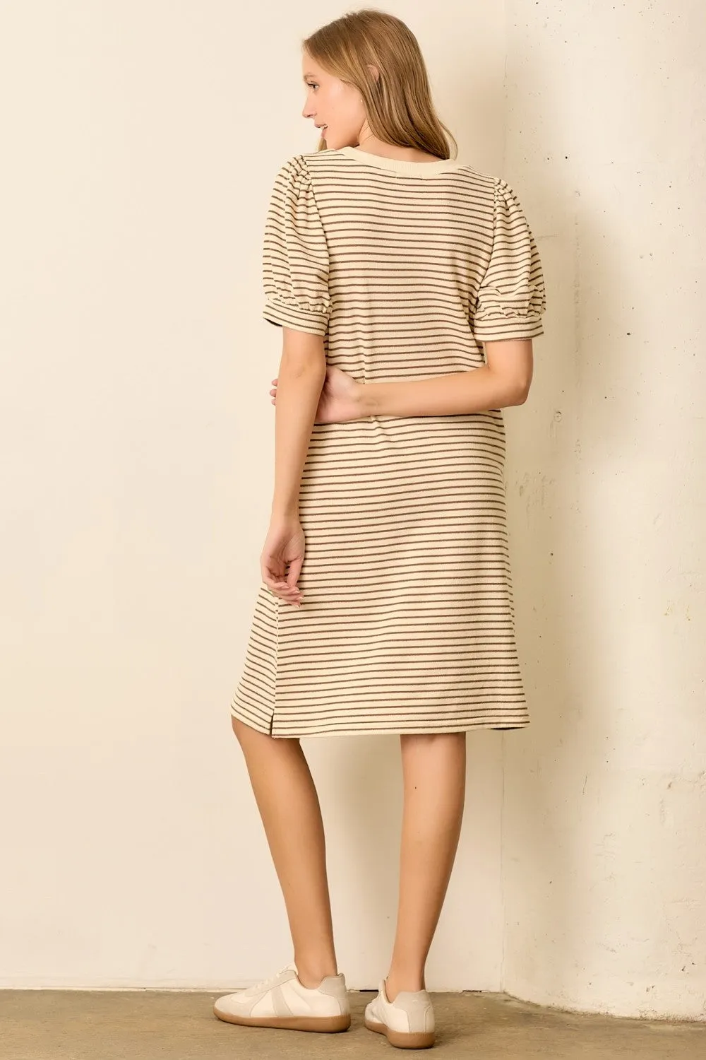 Mocha Striped Puff Sleeve Midi T-Shirt Dress sold by Pinkblush product image thumbnail 3