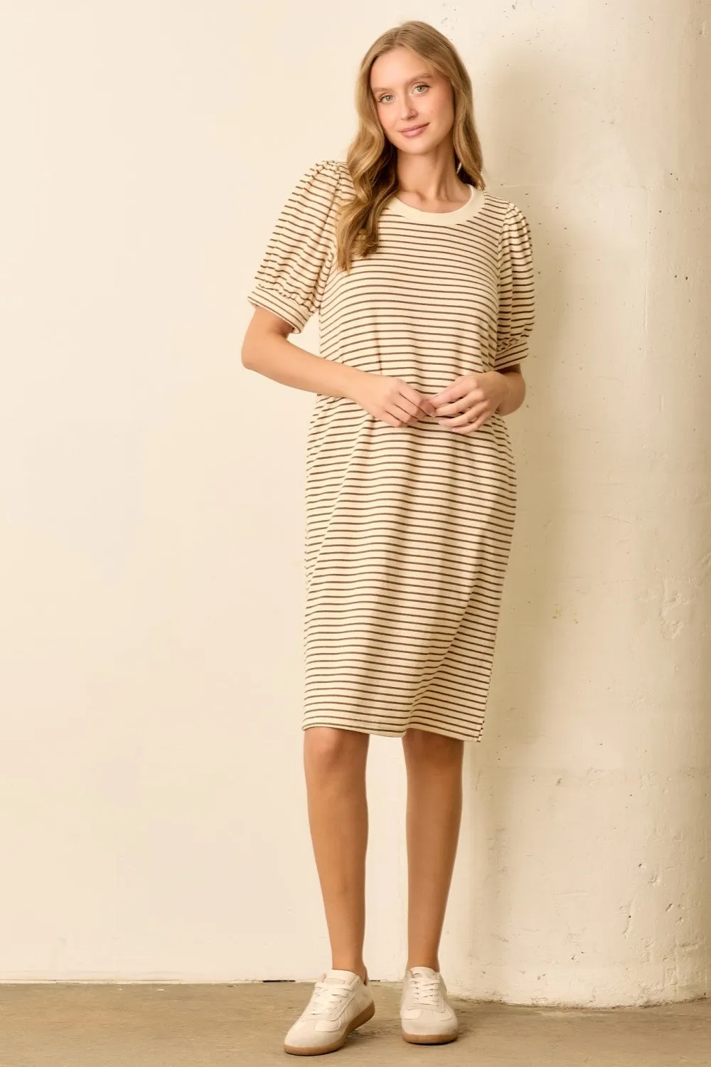 Mocha Striped Puff Sleeve Midi T-Shirt Dress sold by Pinkblush