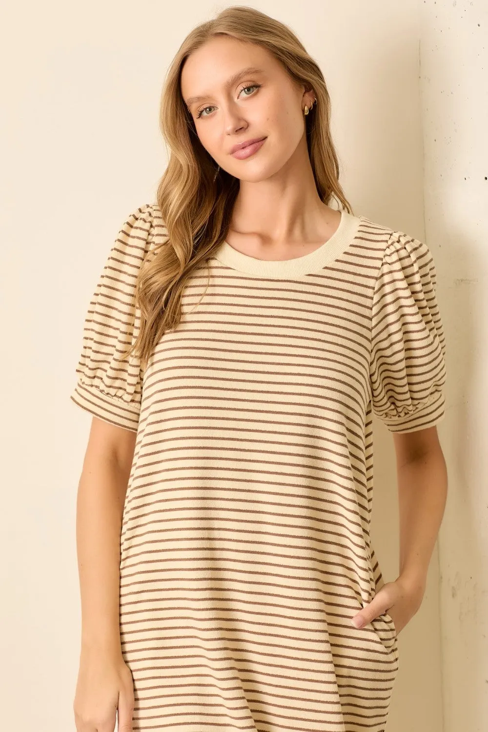Mocha Striped Puff Sleeve Midi T-Shirt Dress sold by Pinkblush product image thumbnail 4