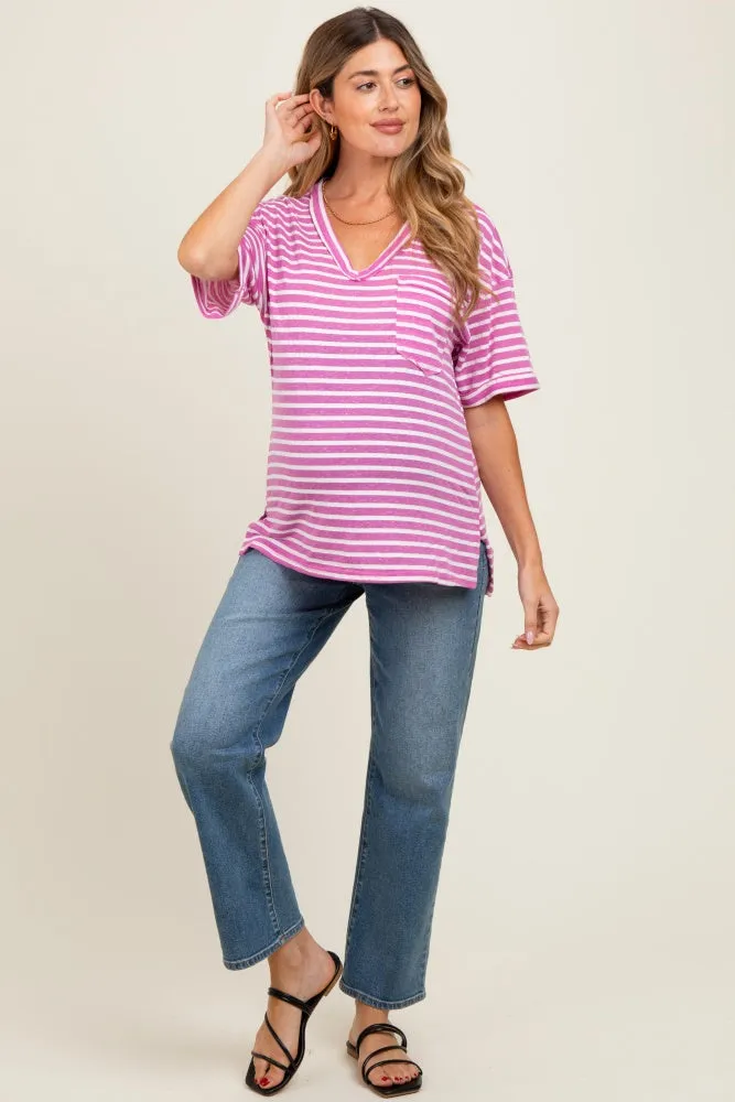 Mauve Striped Oversized V-Neck Front Pocket Maternity T-Shirt sold by Pinkblush product image thumbnail 2