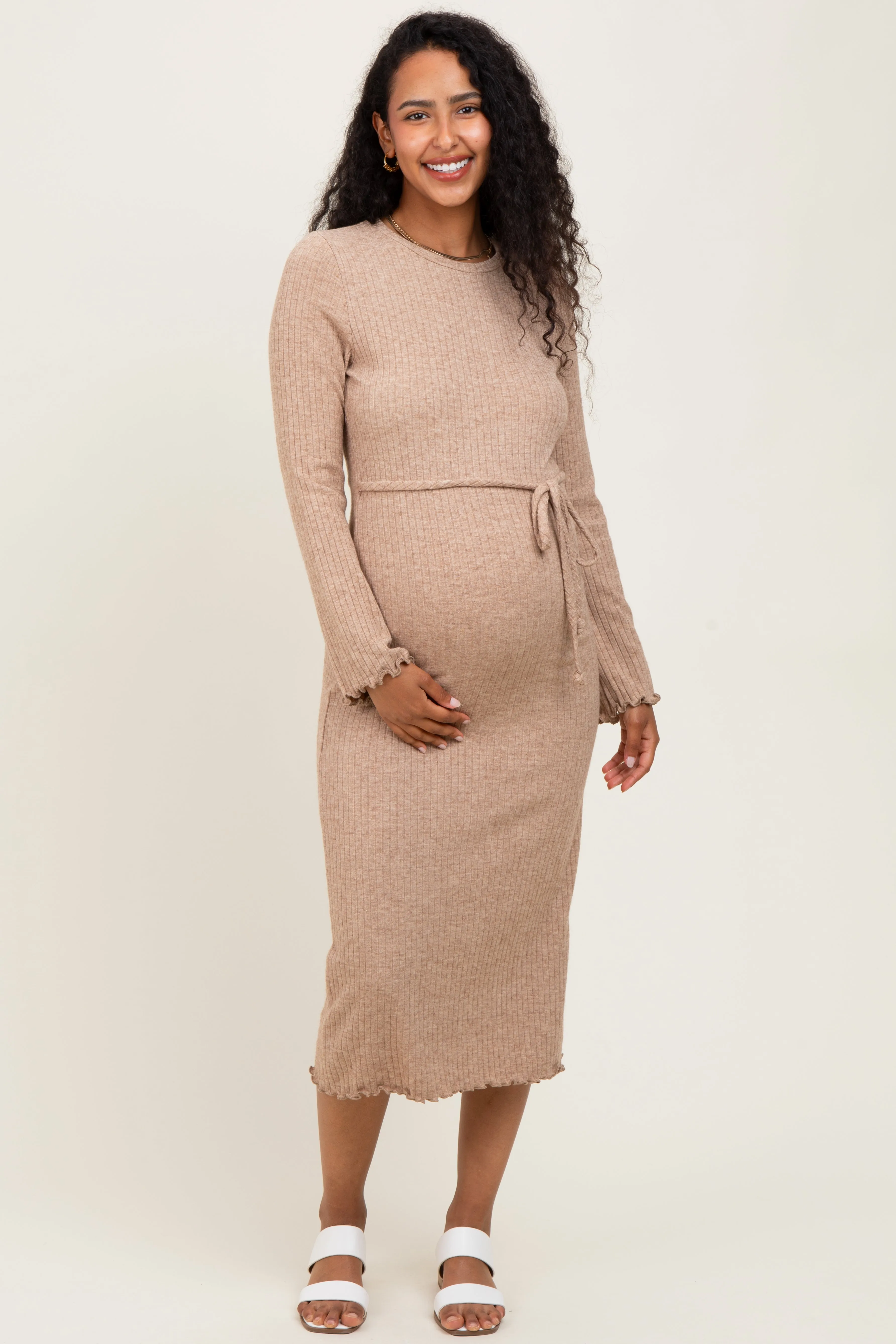 Camel Ribbed Ruffle Accent Long Sleeve Maternity Midi Dress sold by Pinkblush