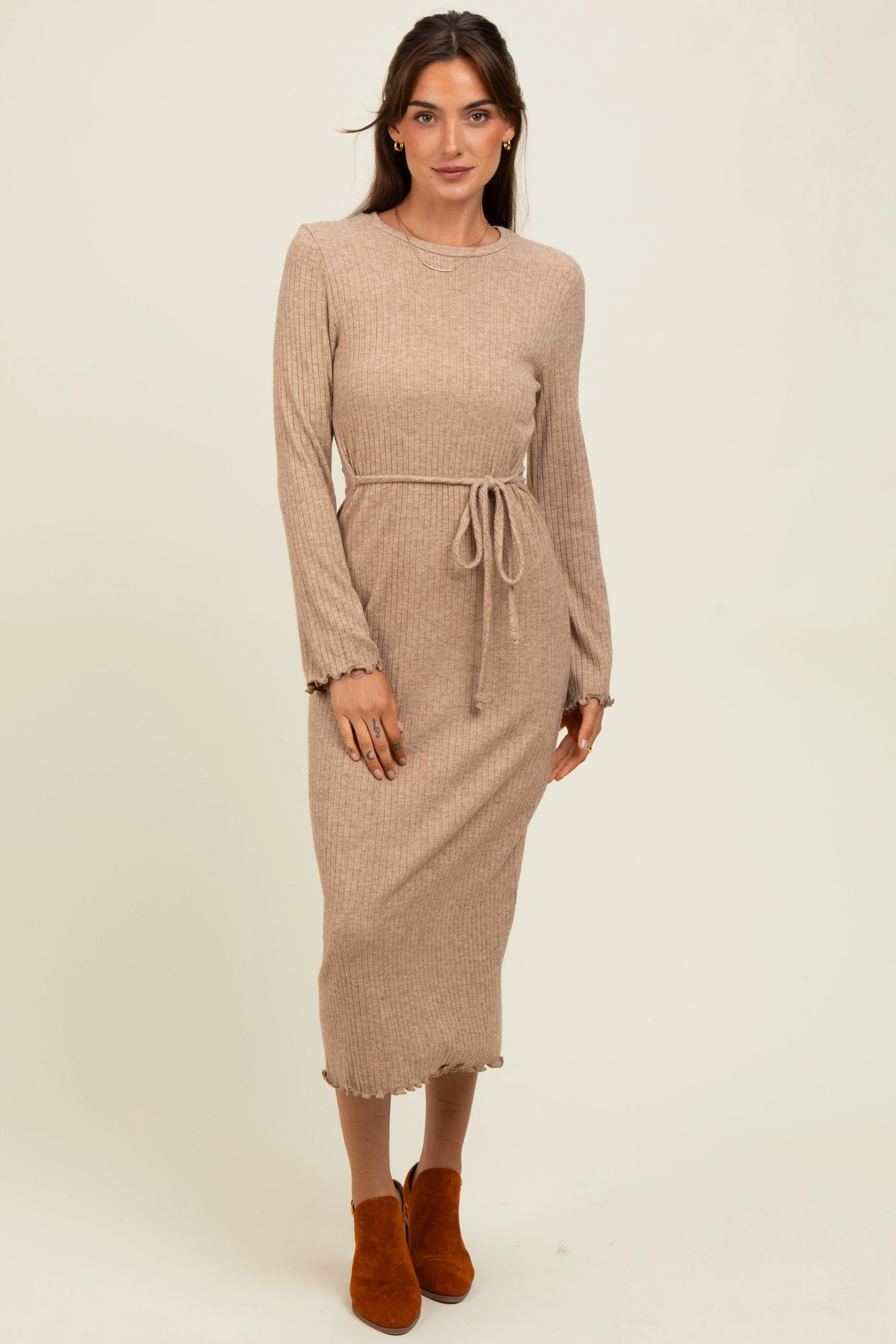 Camel Ribbed Ruffle Accent Long Sleeve Maternity Midi Dress sold by Pinkblush product image thumbnail 5
