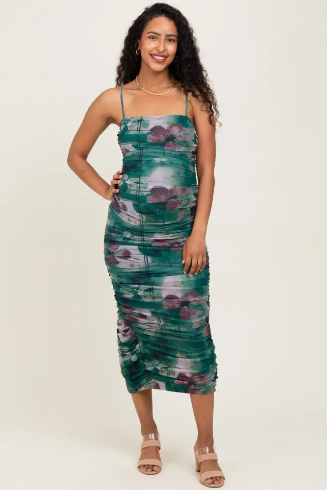 Forest Green Floral Mesh Ruched Sleeveless Maternity Midi Dress sold by Pinkblush product image thumbnail 2