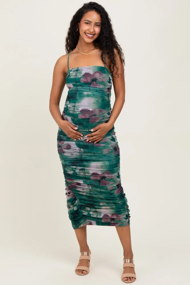 Forest Green Floral Mesh Ruched Sleeveless Maternity Midi Dress sold by Pinkblush