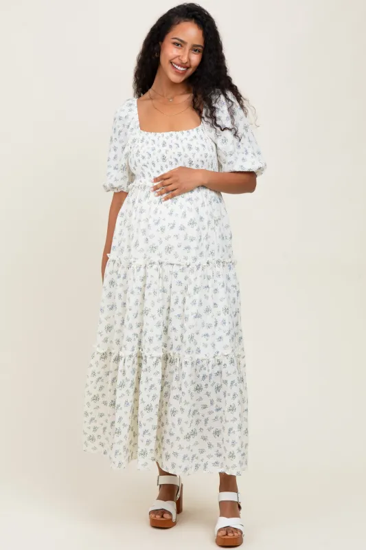 Blue Floral Smocked Ruffle Tiered Maternity Maxi Dress sold by Pinkblush