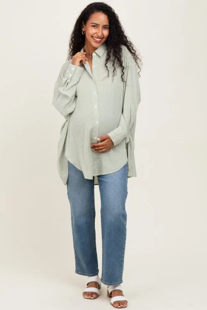 Light Olive Striped Oversized Maternity Button Down Shirt sold by Pinkblush