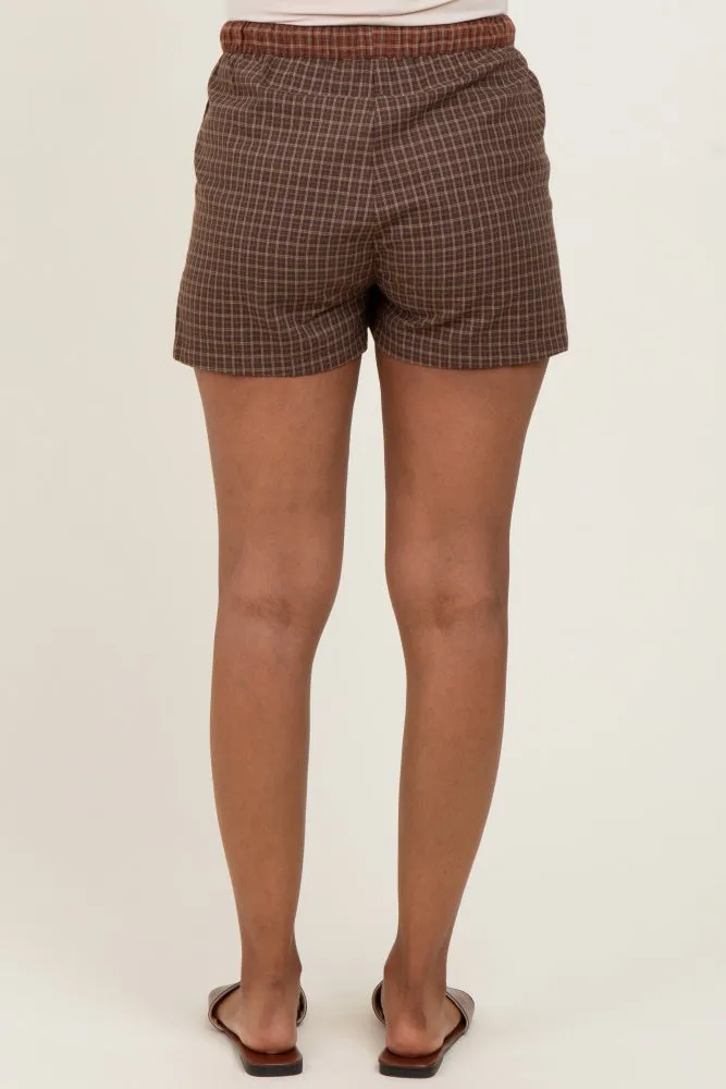 Brown Plaid Drawstring Button Accent Maternity Shorts sold by Pinkblush product image thumbnail 5