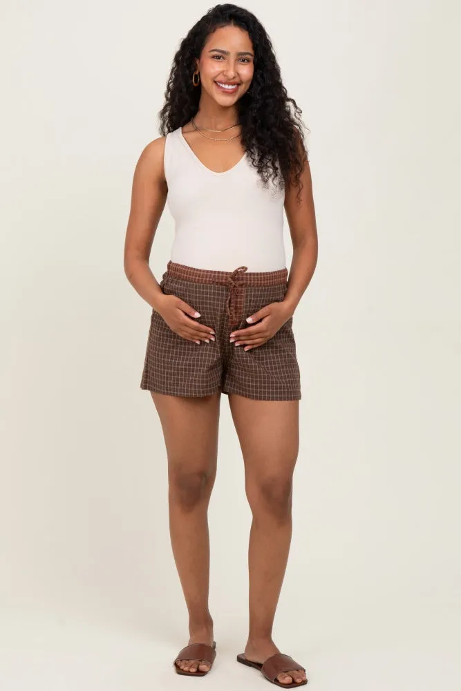 Brown Plaid Drawstring Button Accent Maternity Shorts sold by Pinkblush product image thumbnail 2