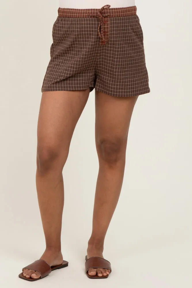 Brown Plaid Drawstring Button Accent Maternity Shorts sold by Pinkblush product image thumbnail 3