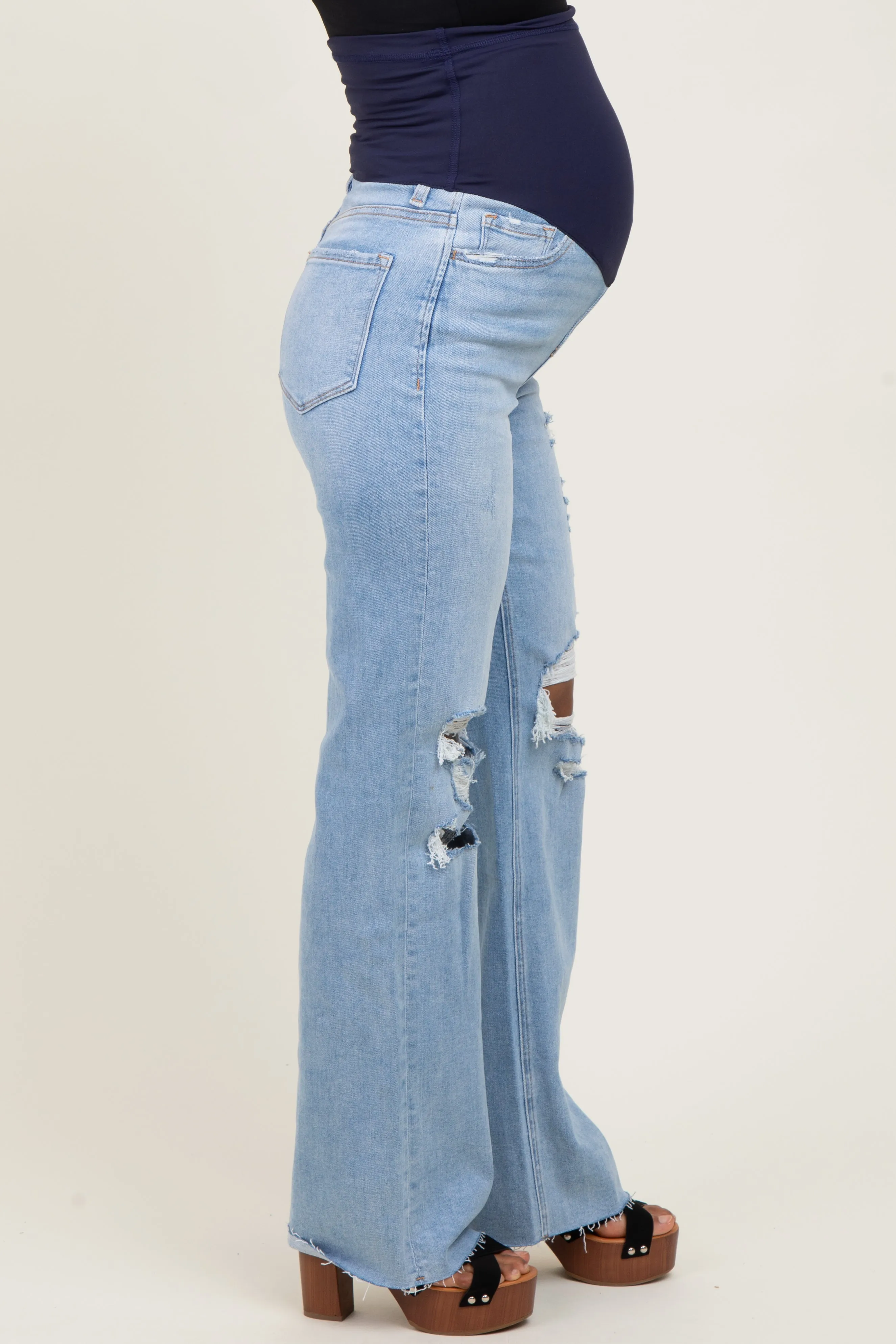 Light Blue 90'S Vintage Super High Rise Flare Maternity Jeans sold by Pinkblush product image thumbnail 3