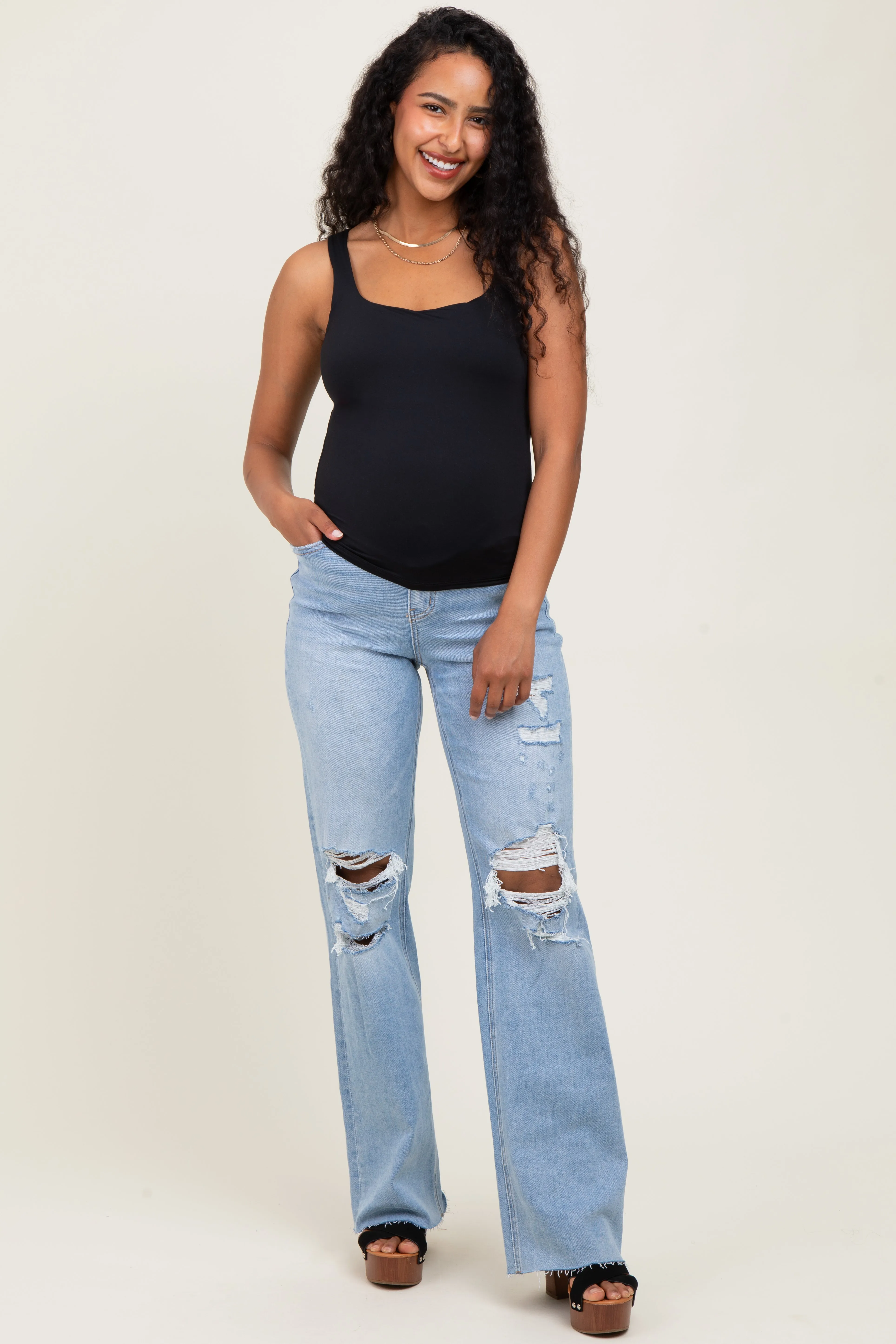 Light Blue 90'S Vintage Super High Rise Flare Maternity Jeans sold by Pinkblush