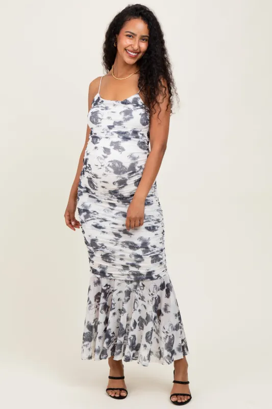 Grey Rose Floral Mesh Ruched Maternity Midi Dress sold by Pinkblush