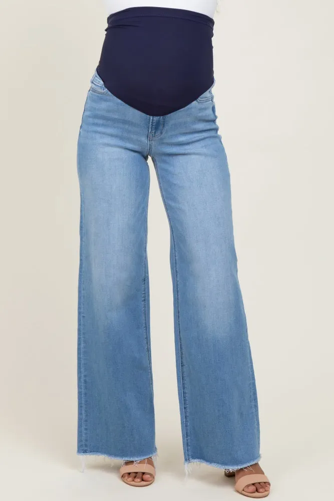 Medium Blue High Rise Frayed Hem Wide Leg Maternity Jeans sold by Pinkblush product image thumbnail 3