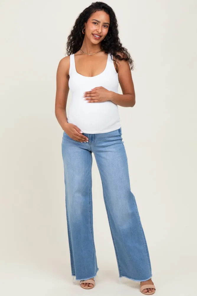 Medium Blue High Rise Frayed Hem Wide Leg Maternity Jeans sold by Pinkblush