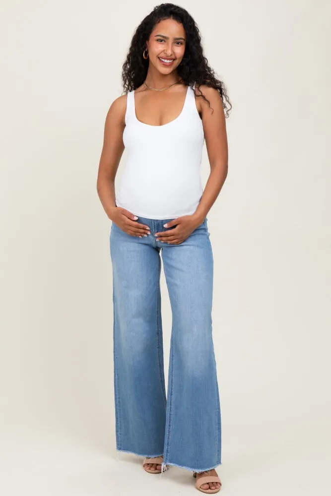 Medium Blue High Rise Frayed Hem Wide Leg Maternity Jeans sold by Pinkblush product image thumbnail 2