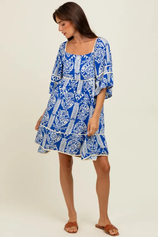 Royal Blue Printed Tie Back Contrast Trim Dress sold by Pinkblush