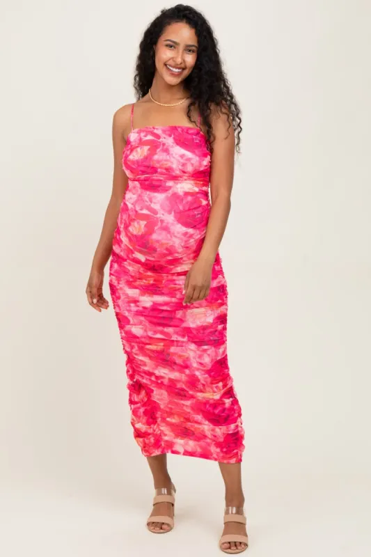 Fuchsia Rose Floral Mesh Sleeveless Ruched Maternity Dress sold by Pinkblush