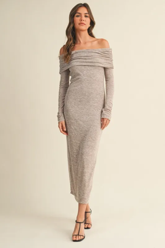 Mocha Heather Off Shoulder Long Sleeve Maxi Dress sold by Pinkblush