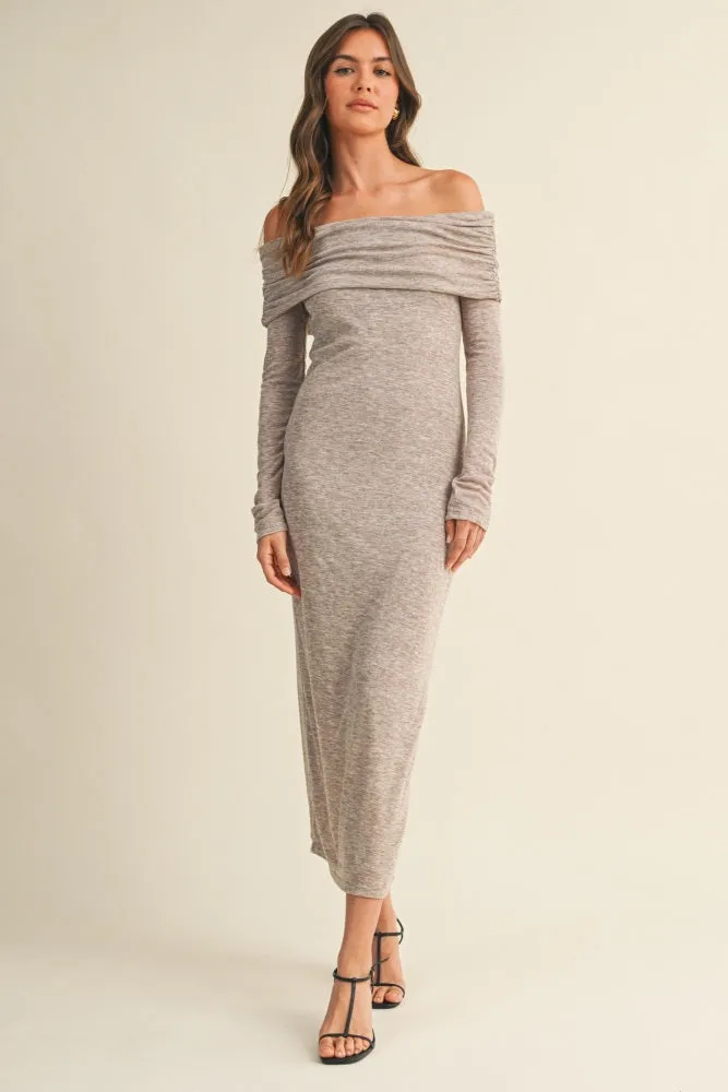 Mocha Heather Off Shoulder Long Sleeve Maxi Dress sold by Pinkblush