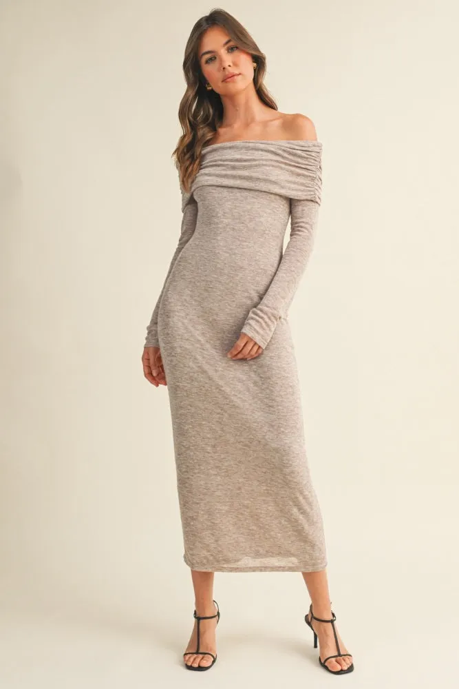 Mocha Heather Off Shoulder Long Sleeve Maxi Dress sold by Pinkblush product image thumbnail 2