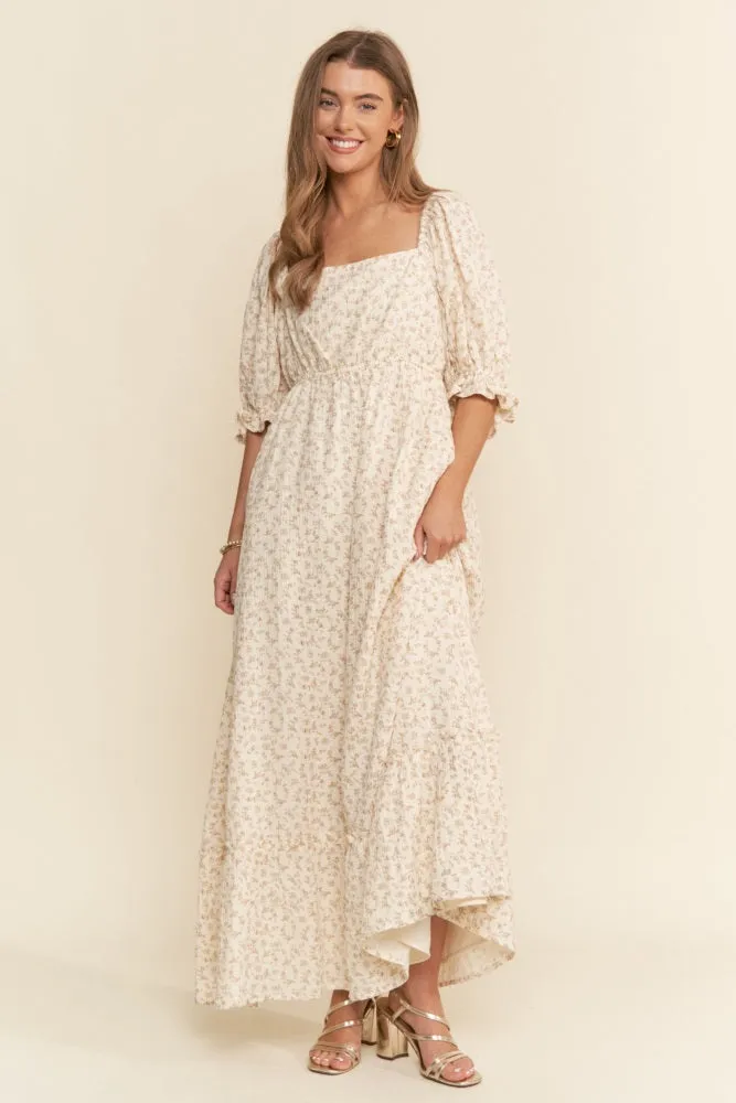 Beige Floral Print Square Neckline Maxi Dress sold by Pinkblush