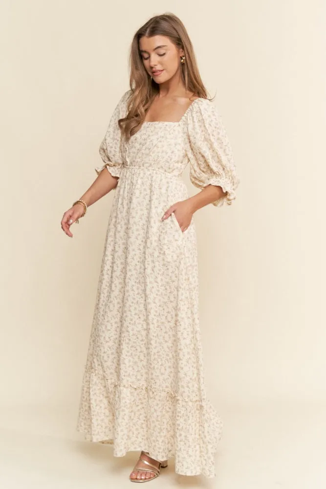 Beige Floral Print Square Neckline Maxi Dress sold by Pinkblush product image thumbnail 2