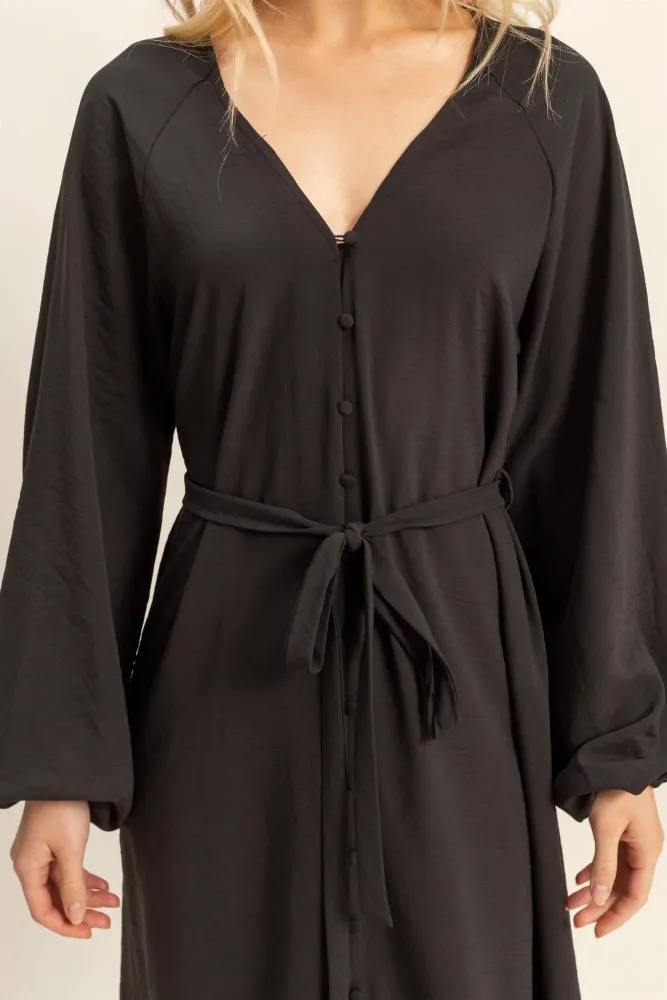 Black Elegant Long Sleeve Waist Tie Midi Dress sold by Pinkblush product image thumbnail 4