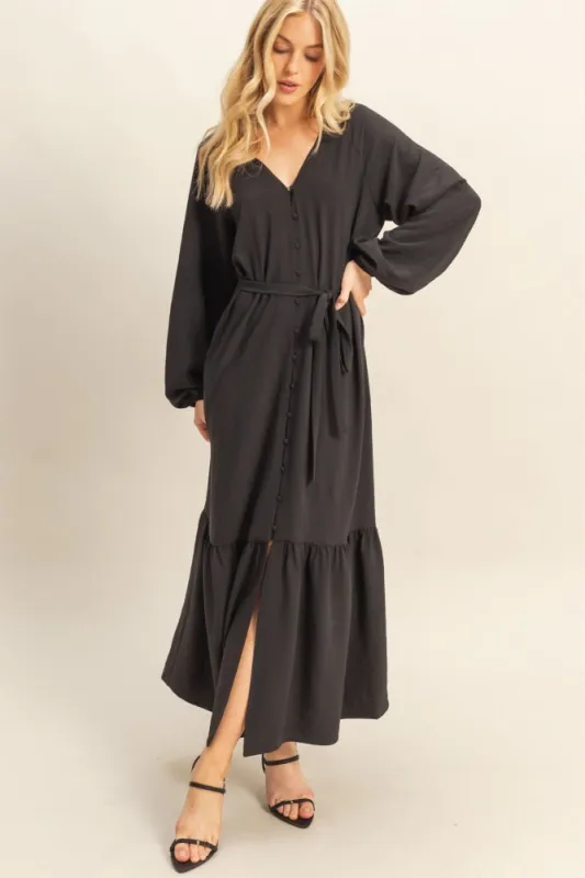 Black Elegant Long Sleeve Waist Tie Midi Dress sold by Pinkblush