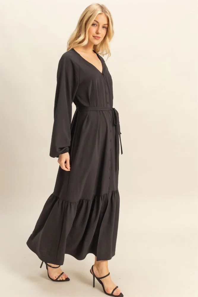 Black Elegant Long Sleeve Waist Tie Midi Dress sold by Pinkblush product image thumbnail 2