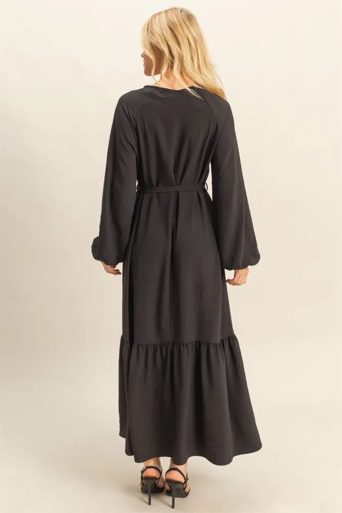 Black Elegant Long Sleeve Waist Tie Midi Dress sold by Pinkblush product image thumbnail 3