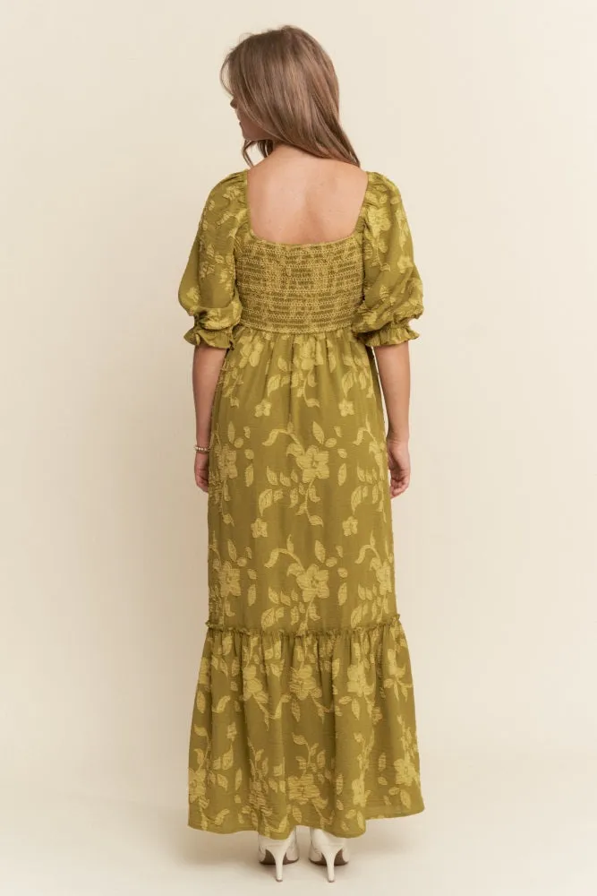 Olive Floral Print Smocked Bodice Maxi Dress sold by Pinkblush product image thumbnail 3