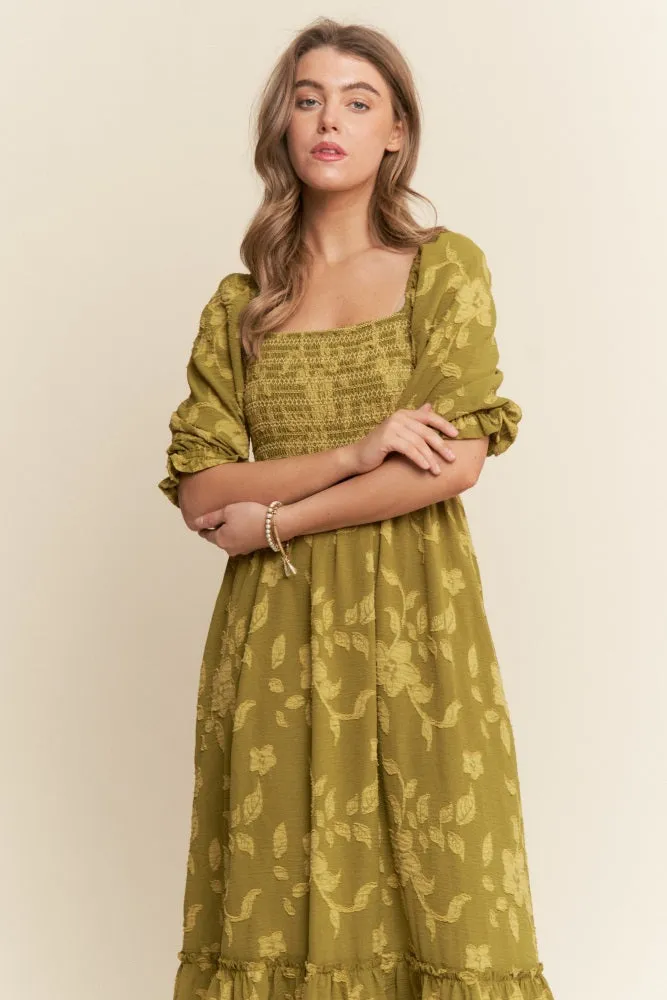 Olive Floral Print Smocked Bodice Maxi Dress sold by Pinkblush product image thumbnail 4