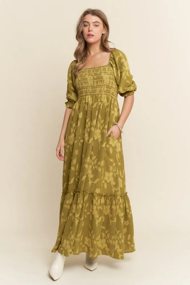 Olive Floral Print Smocked Bodice Maxi Dress sold by Pinkblush