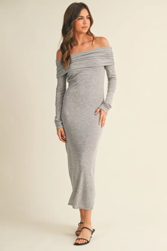 Heather Grey Off Shoulder Long Sleeve Maxi Dress sold by Pinkblush