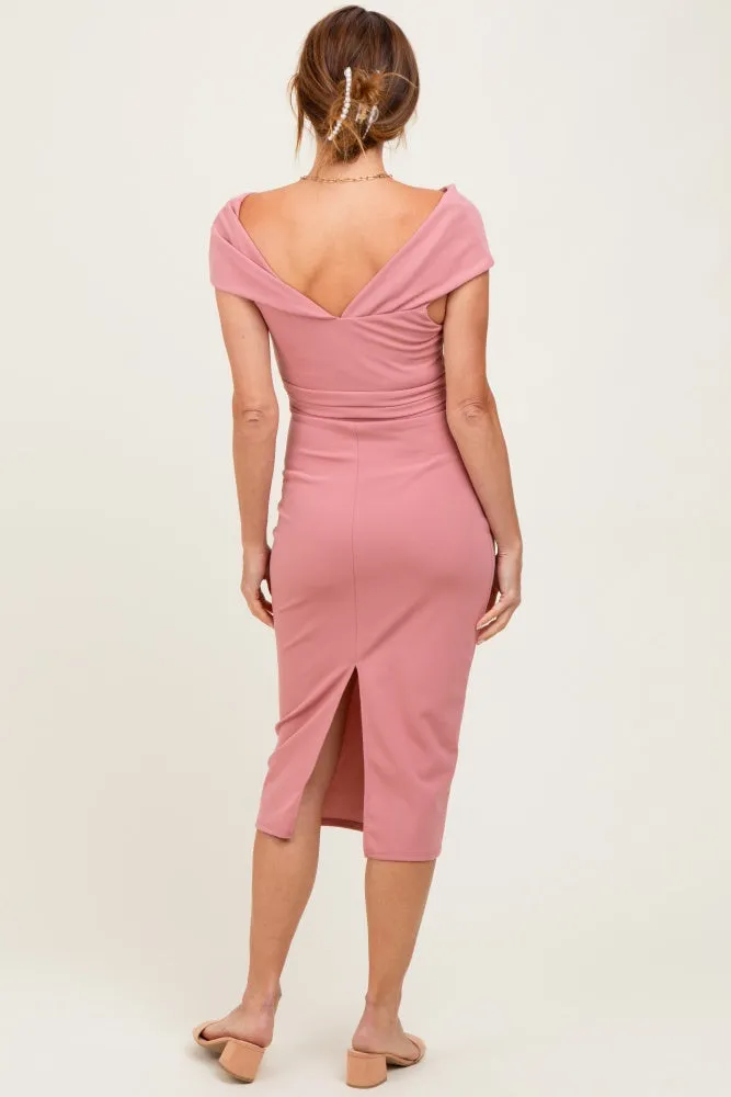 Pink Off Shoulder Fitted Midi Dress sold by Pinkblush product image thumbnail 4