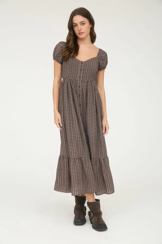 Brown Plaid Puff Sleeve Button Down Maxi Dress sold by Pinkblush